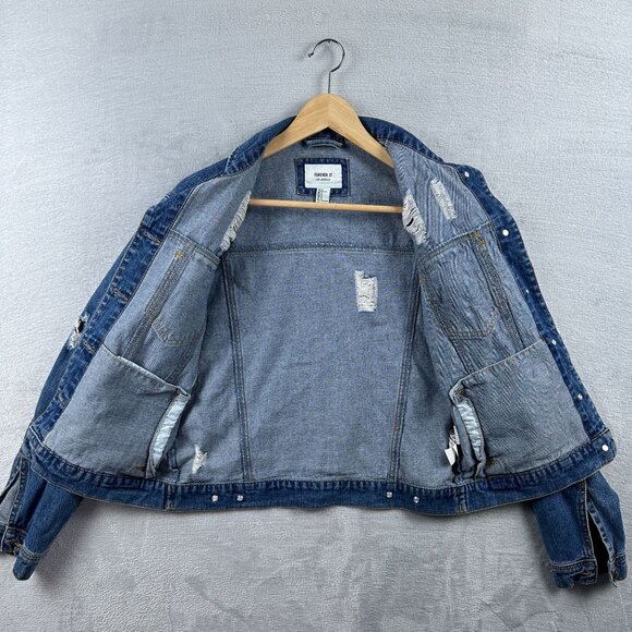 Forever 21 Denim Jacket Distressed Womens Size Small Button Front Blue - Picture 2 of 12
